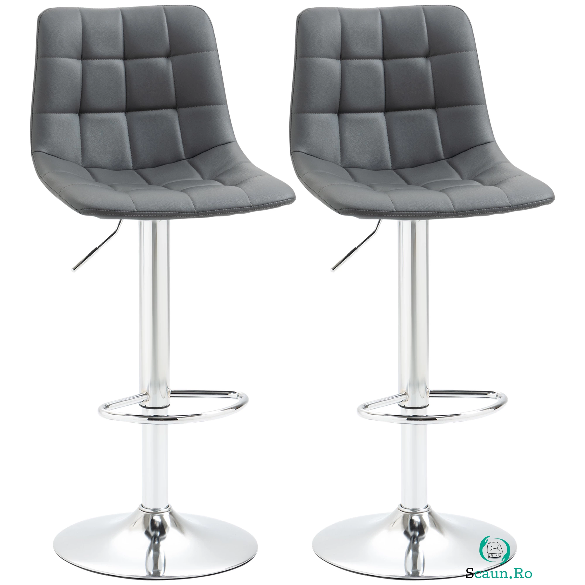 HOMCOM Set de 2 Scaune de Bar cu Spătar, Pivotante la 360° cu Suport pentru Picioare 42x45x89-110 cm, Gri | Aosom Romania