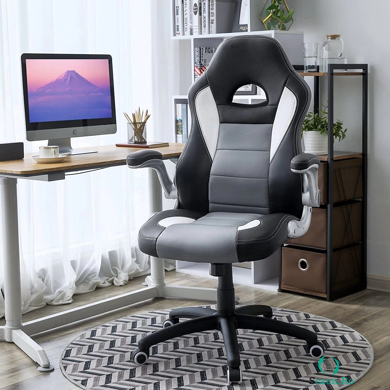 Scaun de birou ergonomic Gaming, Vasagle, piele ecologica, negru/gri/alb la 944.00 lei ron