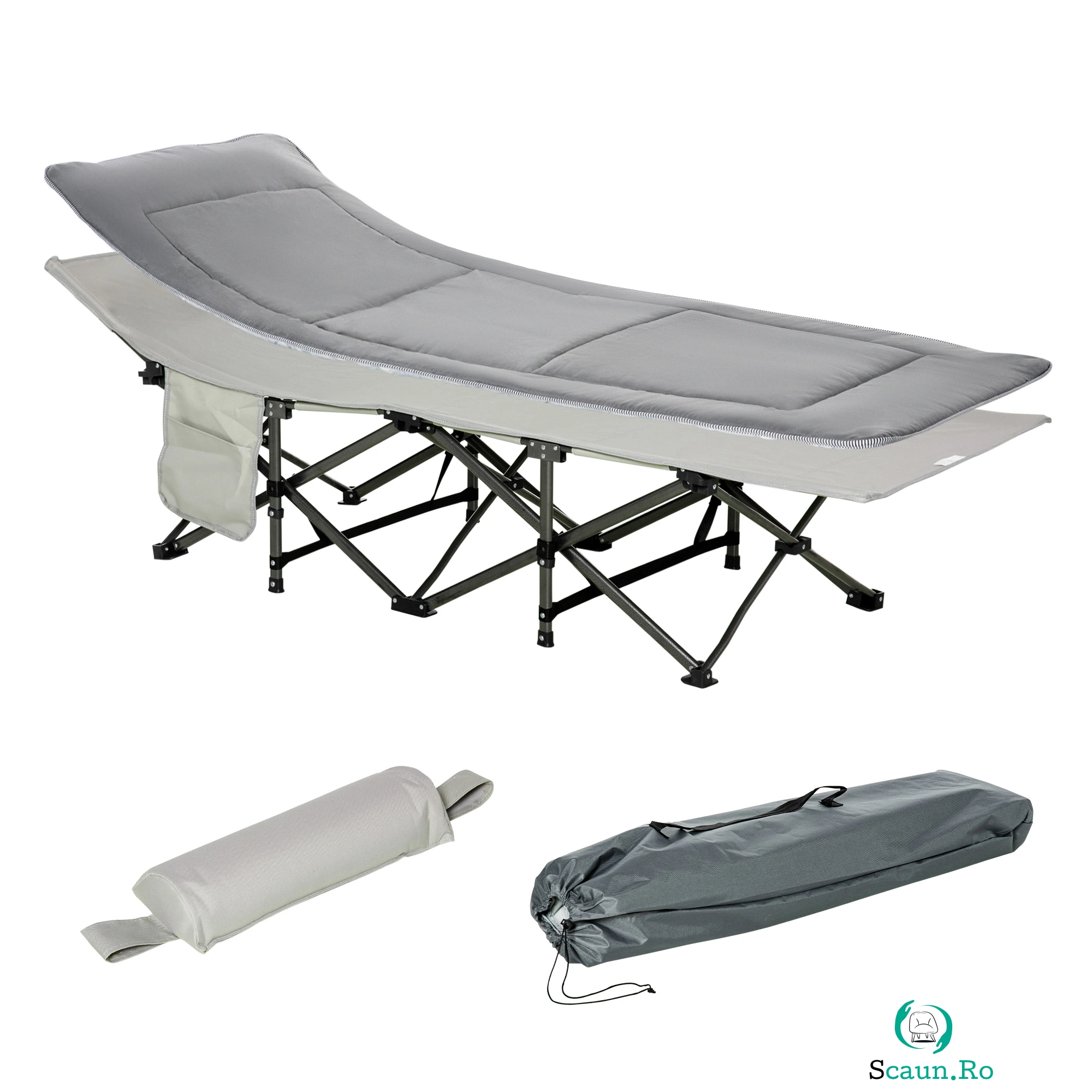 Outsunny Pat Pliabil pentru Camping cu Buzunare de Depozitare și Geantă de Transport, Pat pentru Camping, 188x64.5x53 cm, Gri | Aosom Romania la 379.99 lei ron
