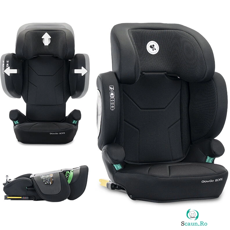 Scaun Auto pentru Copii Growgo Isofix Pliabil Protectii Laterale Extensibile Spatar Reglabil Tetiera Reglabila 100-150 cm 3-12 Ani Black