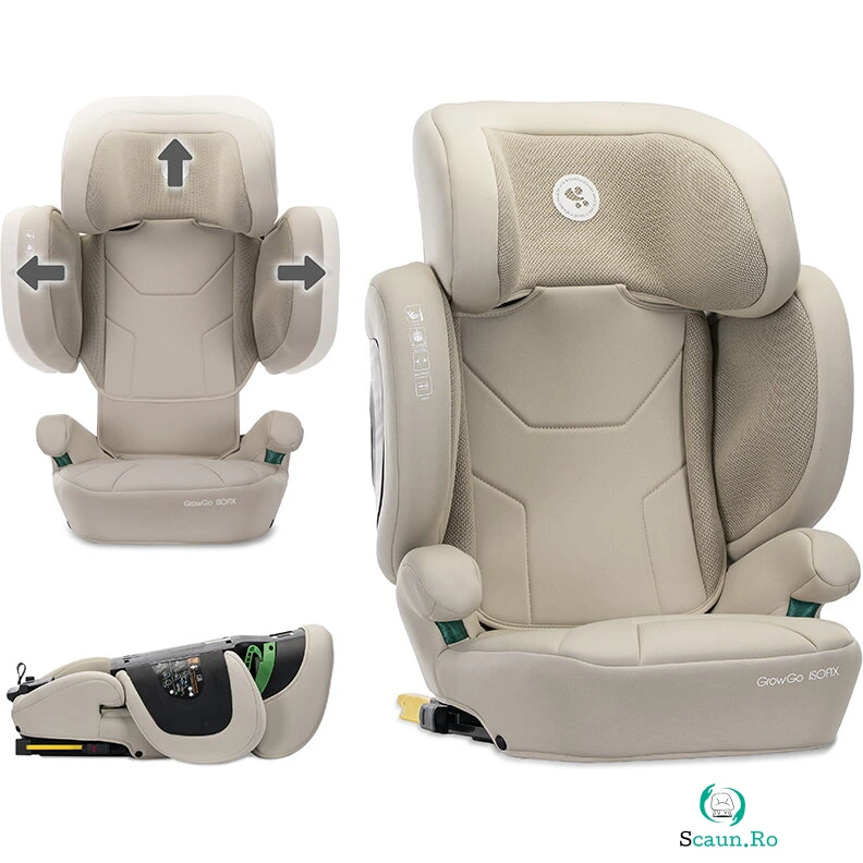 Scaun Auto pentru Copii Growgo Isofix Pliabil Protectii Laterale Extensibile Spatar Reglabil Tetiera Reglabila 100-150 cm 3-12 Ani Beige