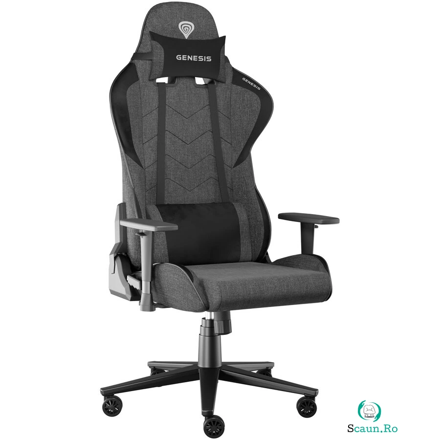 Genesis Scaun gaming Genesis Nitro 550 G2, material Synthetic PU + Textil, reglabil pe inaltime, greutate maxima suportata 150 kg, inaltime scaun reglabil 46.5 - 53.5 cm, spatar ajustabil 135°, dimensiuni roti 60mm, Gri