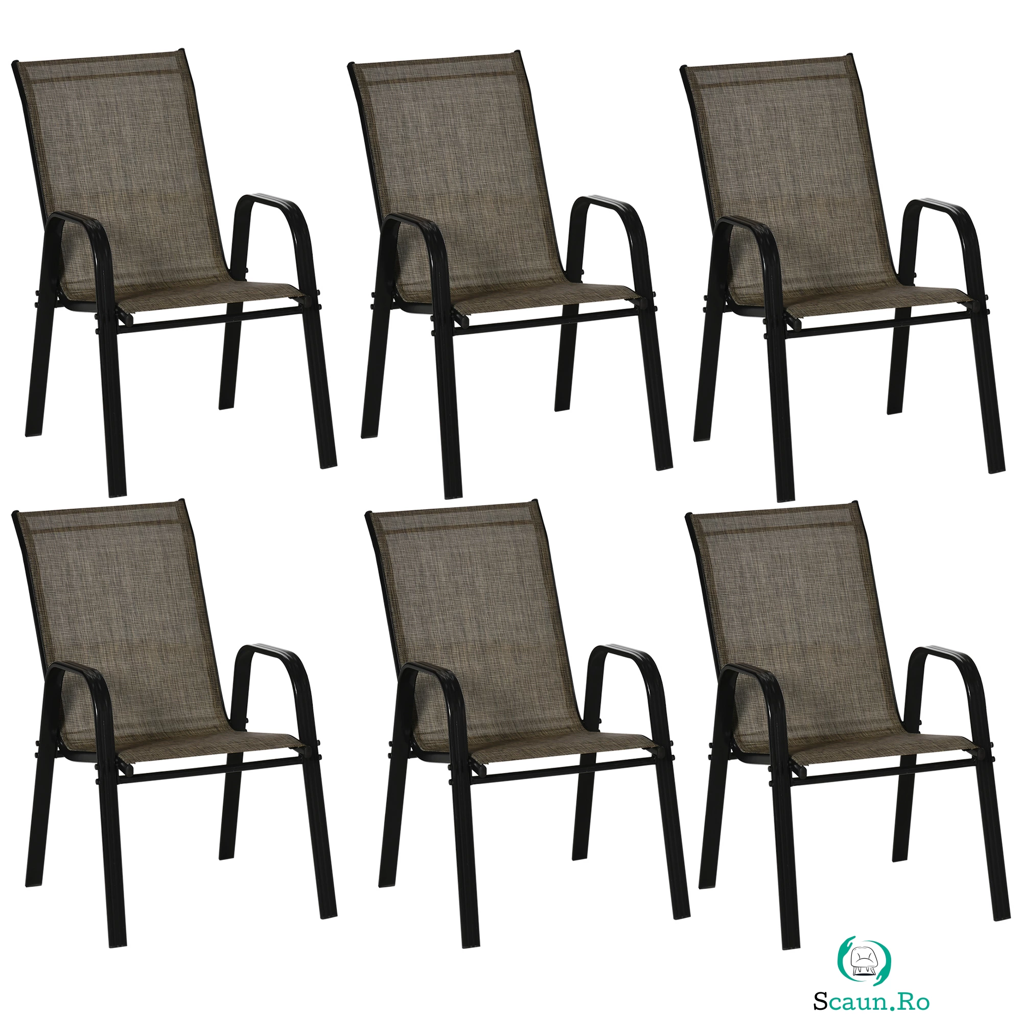 Outsunny Set 6 Piese Scaune de Gradina cu Cotiere, Scaune de Exterior Stivuibile din Metal si Tesatura Respirabila, Maro | Aosom Romania la 939.99 lei ron