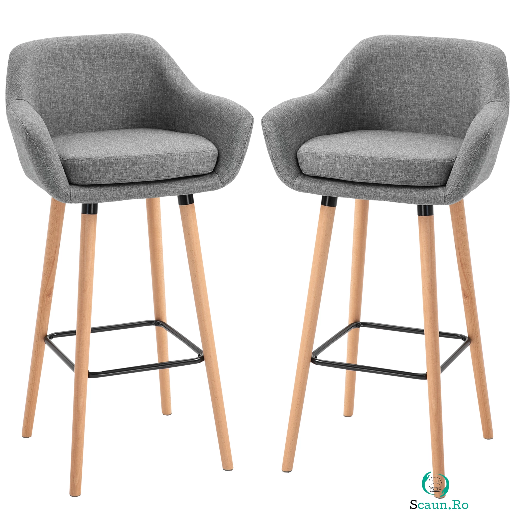 HOMCOM Set 2 Scaune de Bar Moderne cu Pernă Confortabilă Lemn și Înveliș din Țesătură Gri 55x48x100 cm | Aosom Romania