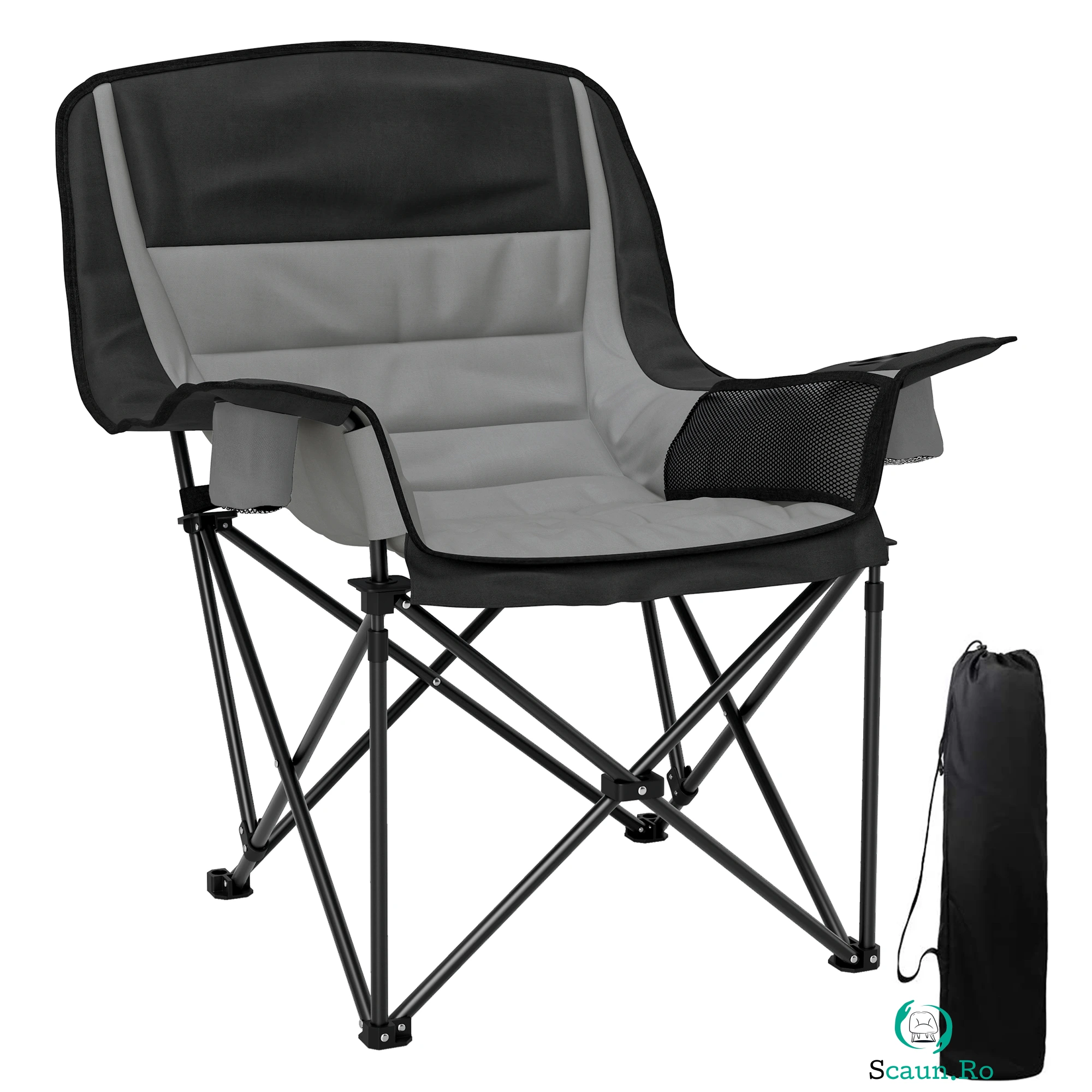 Outsunny Scaun de Camping Pliabil cu 2 Suporturi pentru Pahare și Buzunare Laterale, 99x71x103 cm, Gri | Aosom Romania