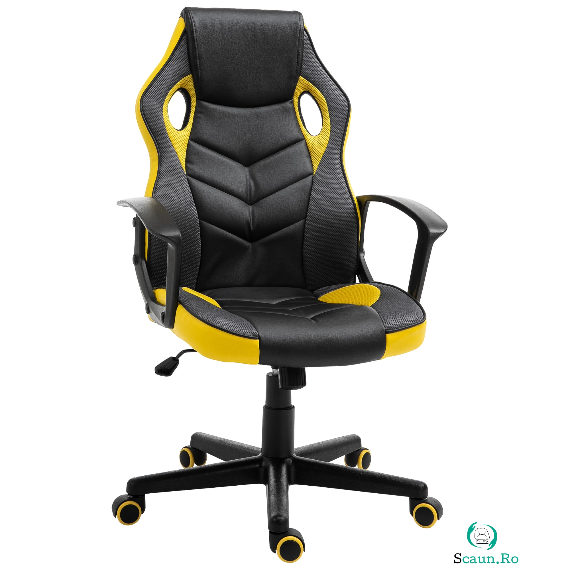 Vinsetto Scaun de Gaming Ergonomic Rotativ cu Roți din Piele Ecologică Negru și Galben Înălțime Ajustabilă | Aosom Romania la 529.99 lei ron